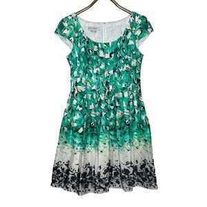 Kay Unger Green Silk Cotton Blend Floral Fit Flare Scoop Neck Dress Size 12